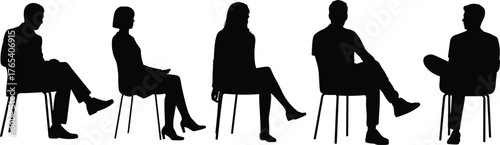 Silhouettes of diverse, seated people in a row, men and women facing sideways in thoughtful and attentive postures,