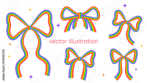 Rainbow Ribbon Bow Vector Illustration Set