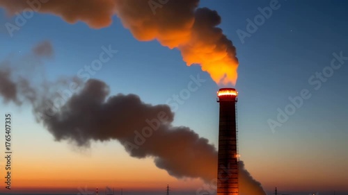 Industrial smokestack emitting smoke against a vibrant sunset sky