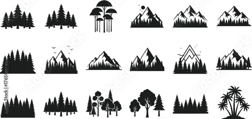 Nature silhouette icon set, forest and mountain vector illustration, black tree graphics, outdoor landscape elements, wildlife design, minimal style, isolated shapes