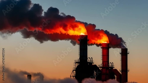 Industrial smokestack emitting smoke against a sunset backdrop