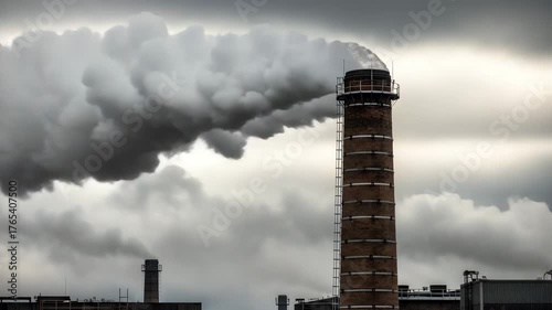 Industrial smokestacks emitting plumes of smoke against cloudy sky environmental pollution concept