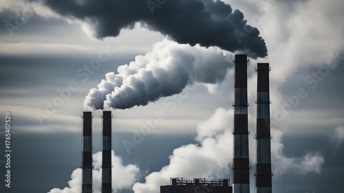Industrial smokestacks emitting clouds against a cloudy sky