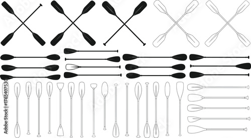 Paddle silhouette vector set, black and white boating icons, editable illustration for water sport, equipment, outdoor, canoe, kayak, adventure design