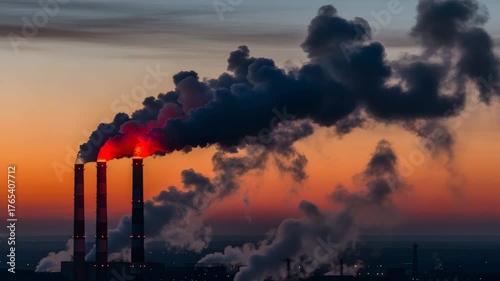 Industrial structures silhouetted against a colorful sunset sky