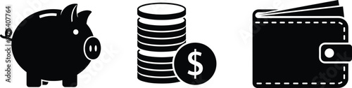 Piggy bank, coin stack, wallet icon, financial savings, money management, wealth accumulation, budget planning, economy concept, black and white vector illustration