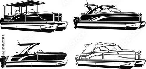 Pontoon boat vector set, black silhouette watercraft illustrations, leisure and sport marine designs, editable graphic icons for travel and recreation