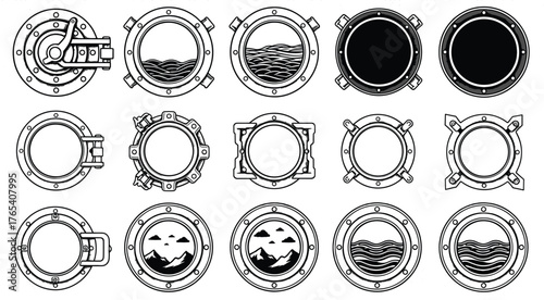Porthole vector silhouette set, black and white nautical window designs, scenic and mechanical views, editable illustration for marine, travel, steampunk themes