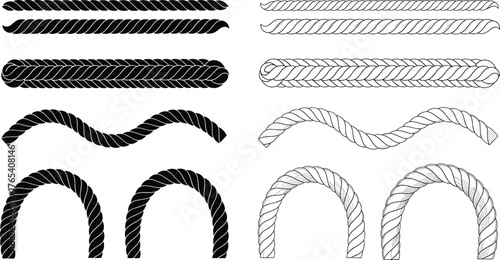 Rope silhouette and outline set, black and white vector illustration, twisted cord shapes, curved and straight designs, isolated graphic, minimal style