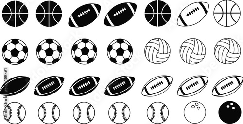 Sports ball vector icon set, black silhouette illustrations, athletic equipment graphics, printable game elements, minimal fitness symbols, recreational design assets