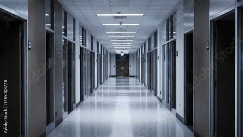 Modern interior corridor perspective with geometric lines and ambient lighting