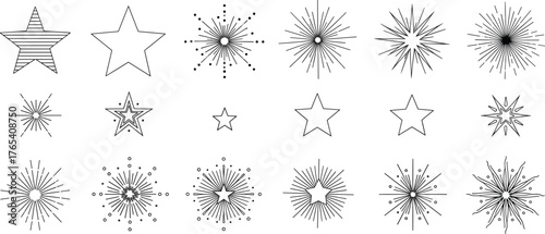Star icon vector collection, abstract decorative shapes, black graphic symbols, creative burst elements, outline and solid styles, printable design assets