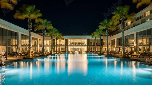 Night exterior view of a lit building with pool and palm trees