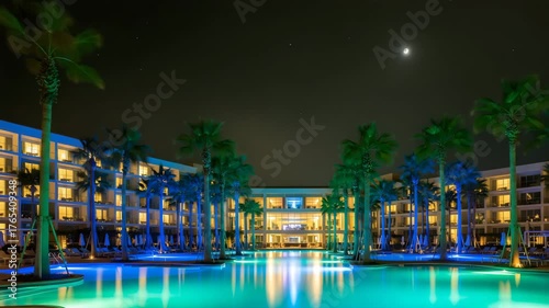 Nighttime cityscape silhouette with bright lights reflecting on water surface