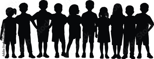Silhouettes of a diverse group of happy children and kids standing together, boys and girls smiling and posing in a row, childhood