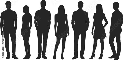 Silhouettes of diverse men and women standing, professional and casual adult male and female figures vector collection