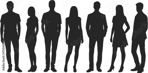 Silhouettes of diverse men and women standing, business and casual adult male and female figures vector collection