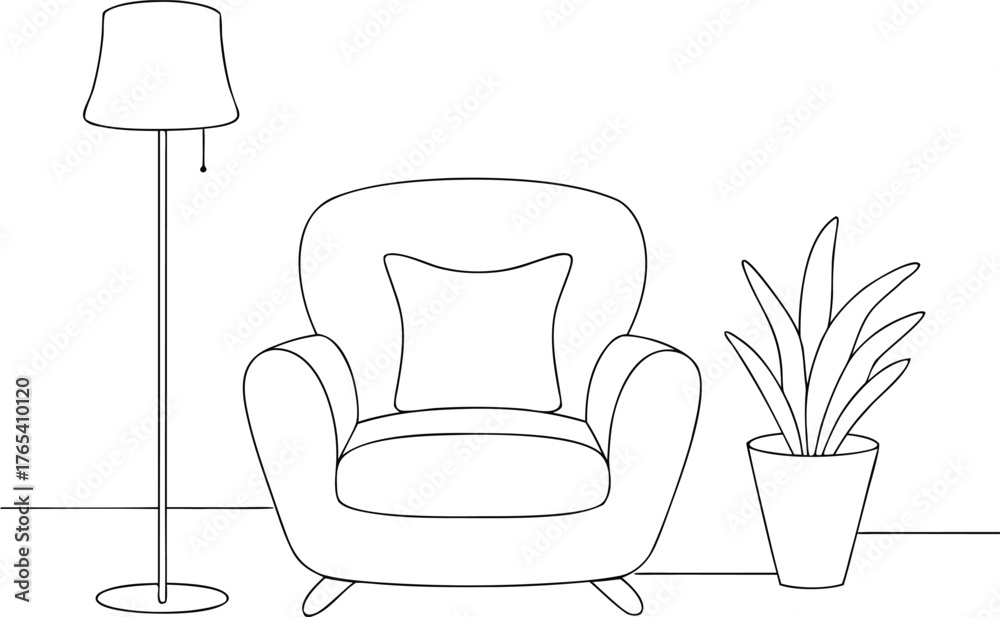 Fototapeta premium Armchair with floor lamp and potted plant line art