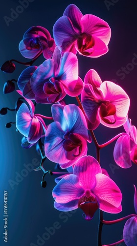 Abstract neon orchids, design, digital art, glowing cosmic background.