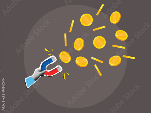 A hand holding a magnet that attracts golden coins. Modern collage style. Vector illustration