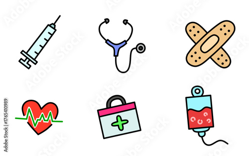 Medical Doodle Icon Set, Colorful doodle style medical icons. Perfect for healthcare, hospital, pharmacy, and medical vector designs.