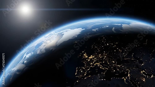 Planet earth in space illuminated by sunlight