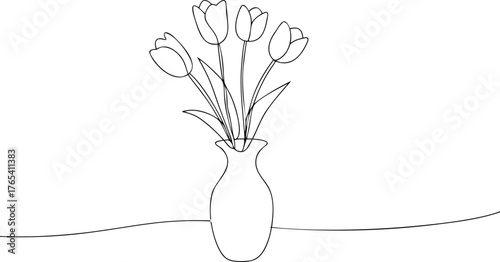 Black and white line drawing of tulips in a vase flower