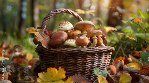 Various forest mushrooms in a wicker basket in yellow leaves in an autumn forest close-up.