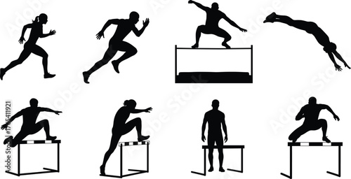 Track and field athlete silhouette vector set, black and white sports icons, editable illustration for running, jumping, hurdling, fitness, motion design