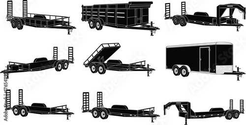 Trailer vector silhouette set, utility and cargo transport icons, flatbed and gooseneck designs, editable black illustration for logistics and hauling