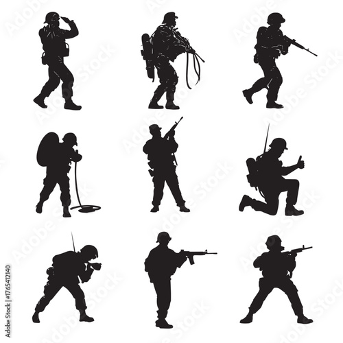 Silhouetted soldiers in various poses depicting military operations and readiness