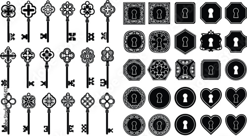 Vintage key and keyhole set, black vector illustration, antique lock designs, ornate escutcheons, decorative elements, retro style, isolated graphic collection