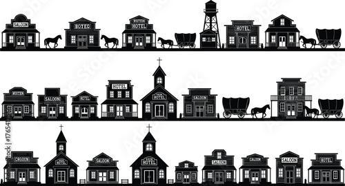 Western town silhouette vector set, black and white frontier buildings, editable illustration for cowboy, saloon, hotel, church, wagon, rustic design