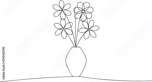 Black outline flowers in vase on white background black and white