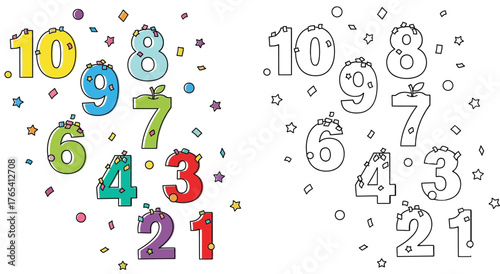Colorful Countdown Numbers 10 to 1 with Confetti - Ready for Coloring