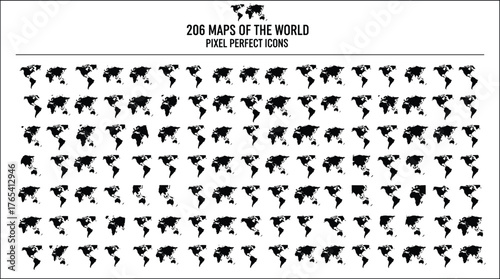 World map icon set, pixel perfect vector collection, black silhouette globe designs, global geography symbols, minimal style, isolated international graphic elements