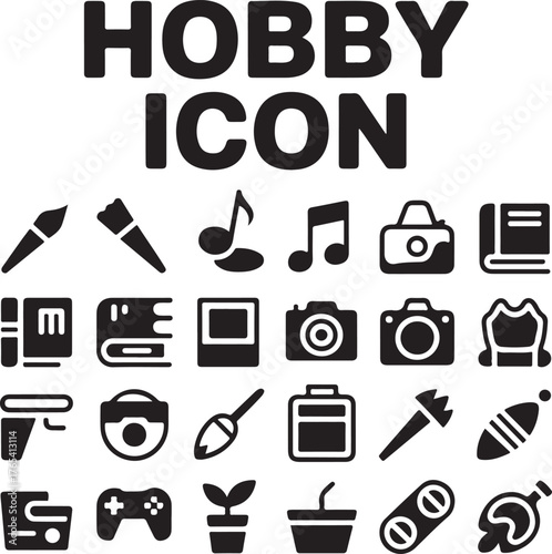 Collection of diverse hobby icons representing creative leisure activities and pastimes isolated on white