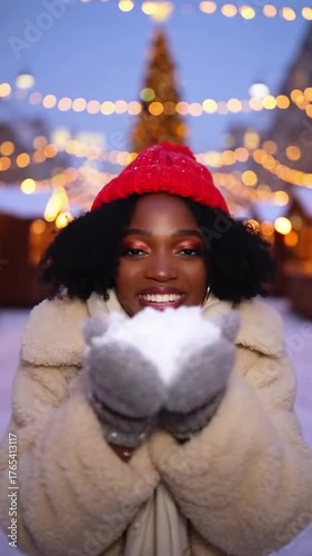 Joyful young african female embracing winter magic in festive wonderland. warm outfits and holiday spirits captured in winter lights.