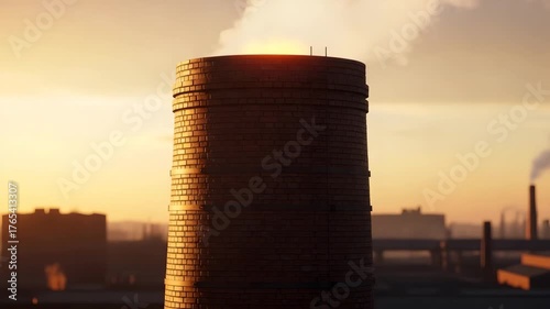 Skyscraper silhouette at sunset with warm orange and yellow sky