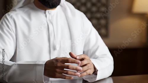 A person in traditional white attire hands a document over. Focus is on hands and fabric