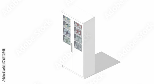 Isometric white display cabinet with glass doors and jars inside Storage Furniture Home Decor Kitchen Pantry Organization Modern Minimalist