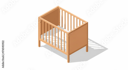 Minimalist wooden baby crib with mattress isometric design Nursery infant cot bed sleep childhood kid newborn furniture child care vector