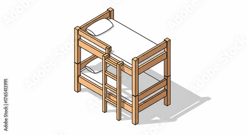 Isometric wooden bunk bed with ladder and mattresses room interior hostel dorm college kids sleep minimal vector icon