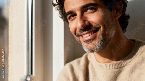 Relaxed young hispanic man enjoying sunlight indoors, casual living concept