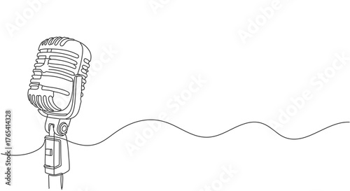 One Line Continuous Drawing of a Vintage Microphone, Iconic Retro Audio Recording Equipment