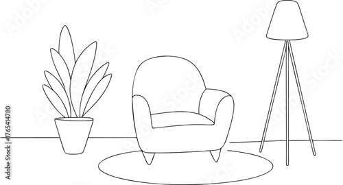 Minimalist line drawing of armchair plant and floor lamp