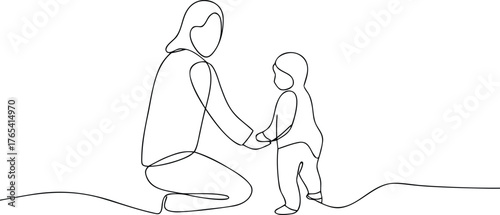 Mother and child holding hands continuous line drawing