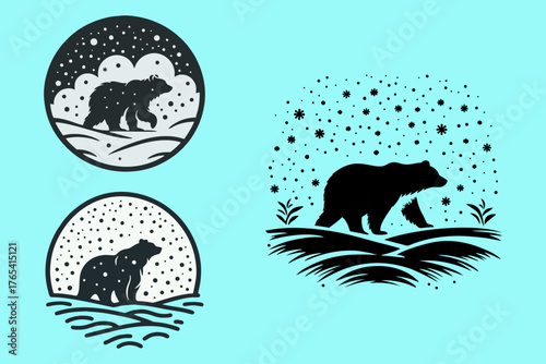 This is a vector image of a bear walking in the snow, suitable for use in company logo designs for raincoats, books, printing, t-shirts, children's sandals, children's toys, stickers, books