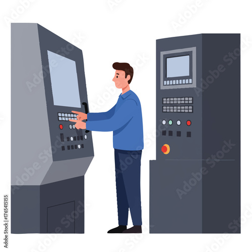 Industrial factory worker character operating a control panel, skillfully pressing machine buttons in a modern, streamlined 2D flat vector illustration set against a clean white background.