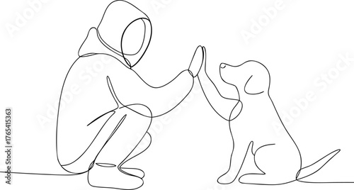 Person and dog giving high five continuous line drawing